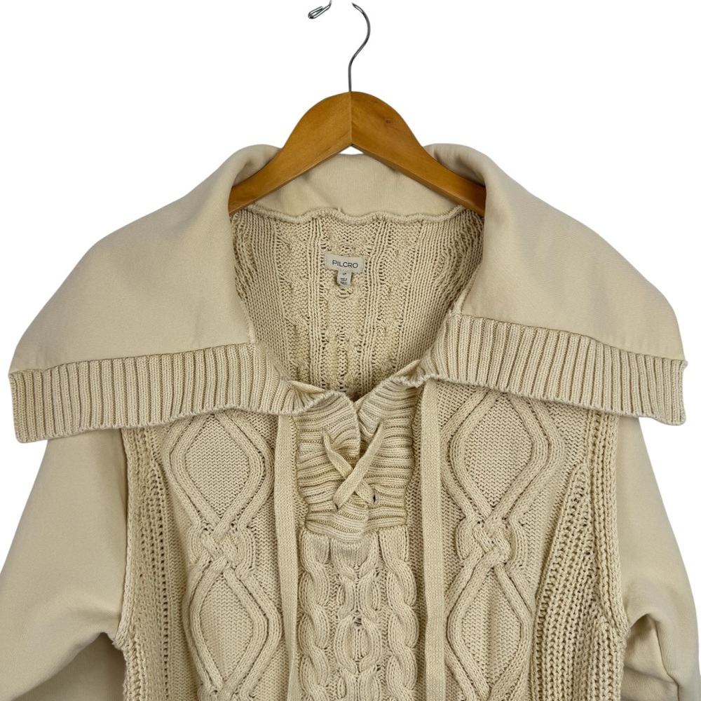 ANTHROPOLOGIE Pilcro Cable Laced Twofer Sweater Creme Size Large Neutral Lace up - Picture 6 of 14